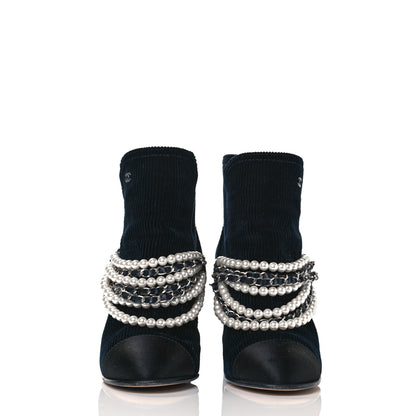 Chanel Velvet Satin Cap Cap Toe Short Boots 37 Navy Black 2 of 7