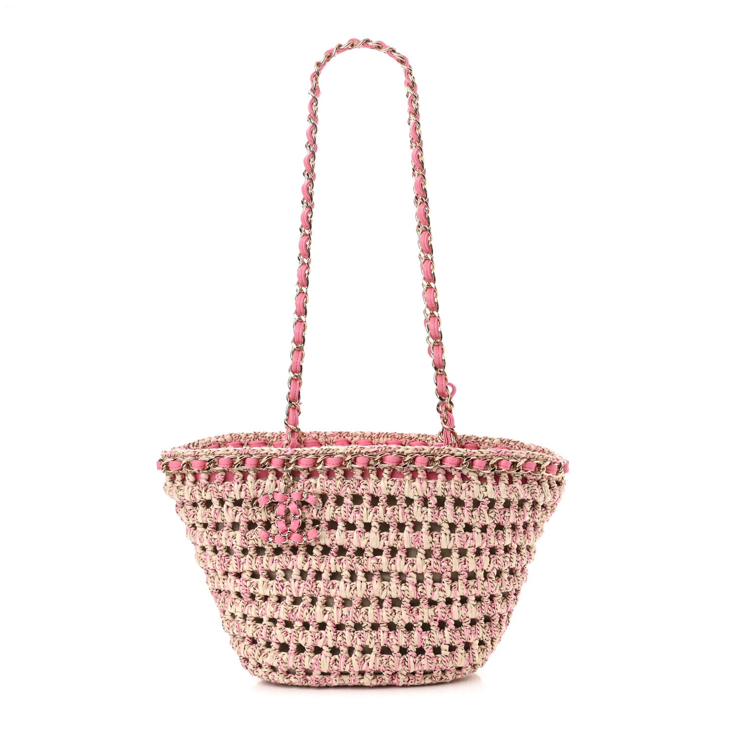 Mixed Fibers Calfskin Crochet Small Shopping Bag Beige Pink