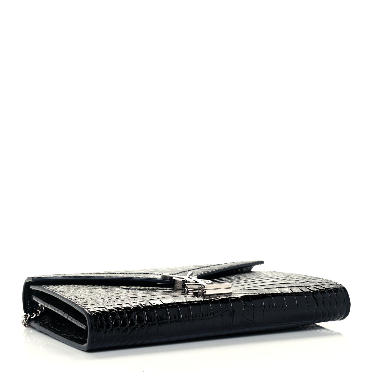 Patent Calfskin Crocodile Embossed Monogram Cassandra Chain Wallet Black