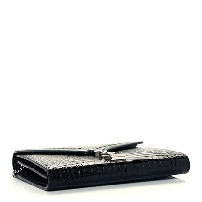 Saint Laurent Patent Calfskin Crocodile Embossed Monogram Cassandra Chain Wallet Black 4 of 11