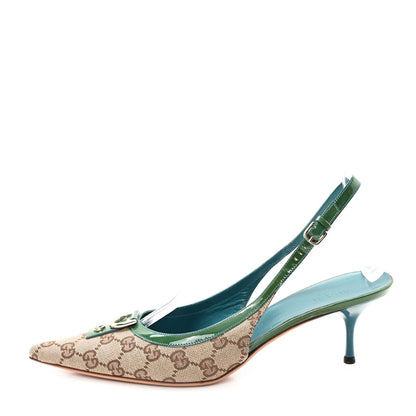 Gucci GG Monogram Patent 75mm Slingback Pumps 11 Beige Green 1 of 10
