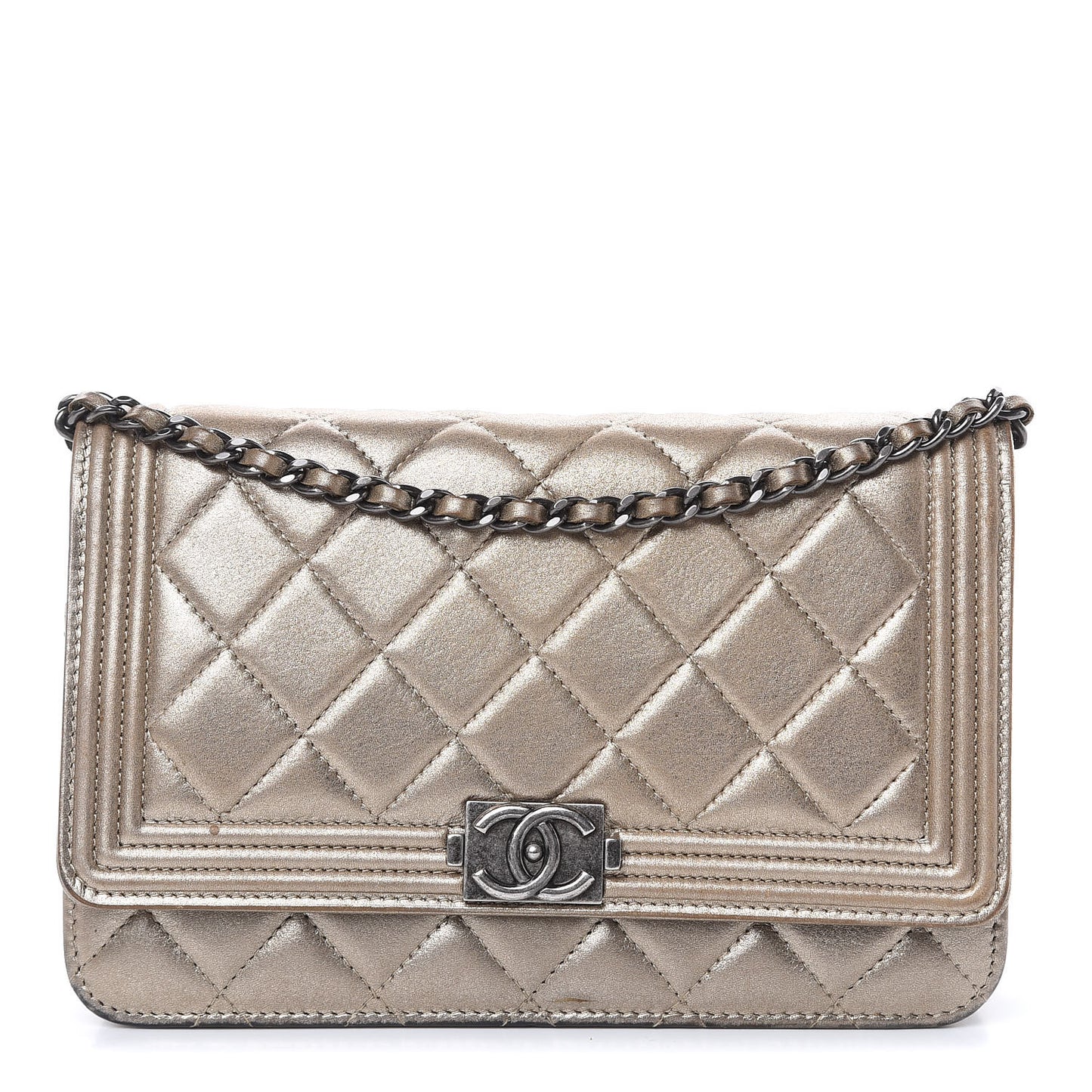 Metallic Calfskin Quilted Boy Wallet On Chain WOC Gold