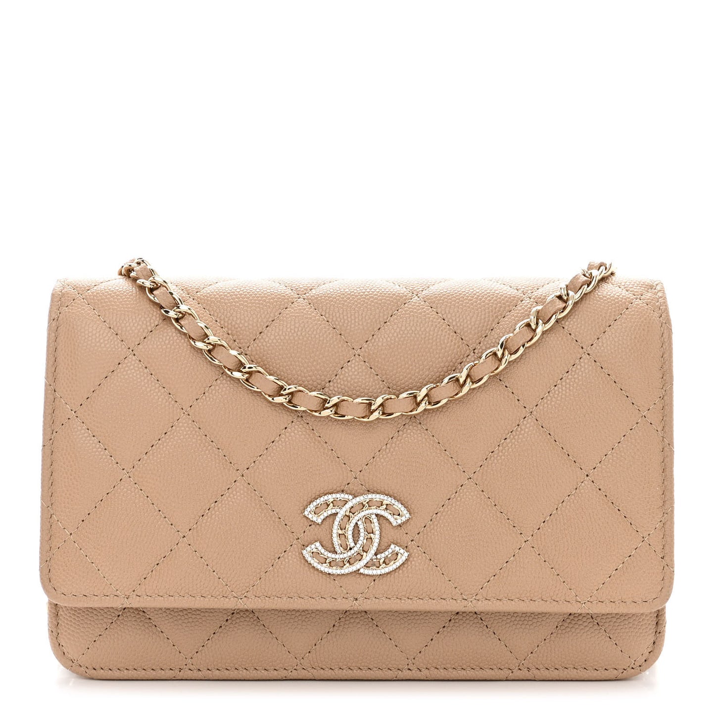 Caviar Quilted Crystal CC Wallet On Chain WOC Beige