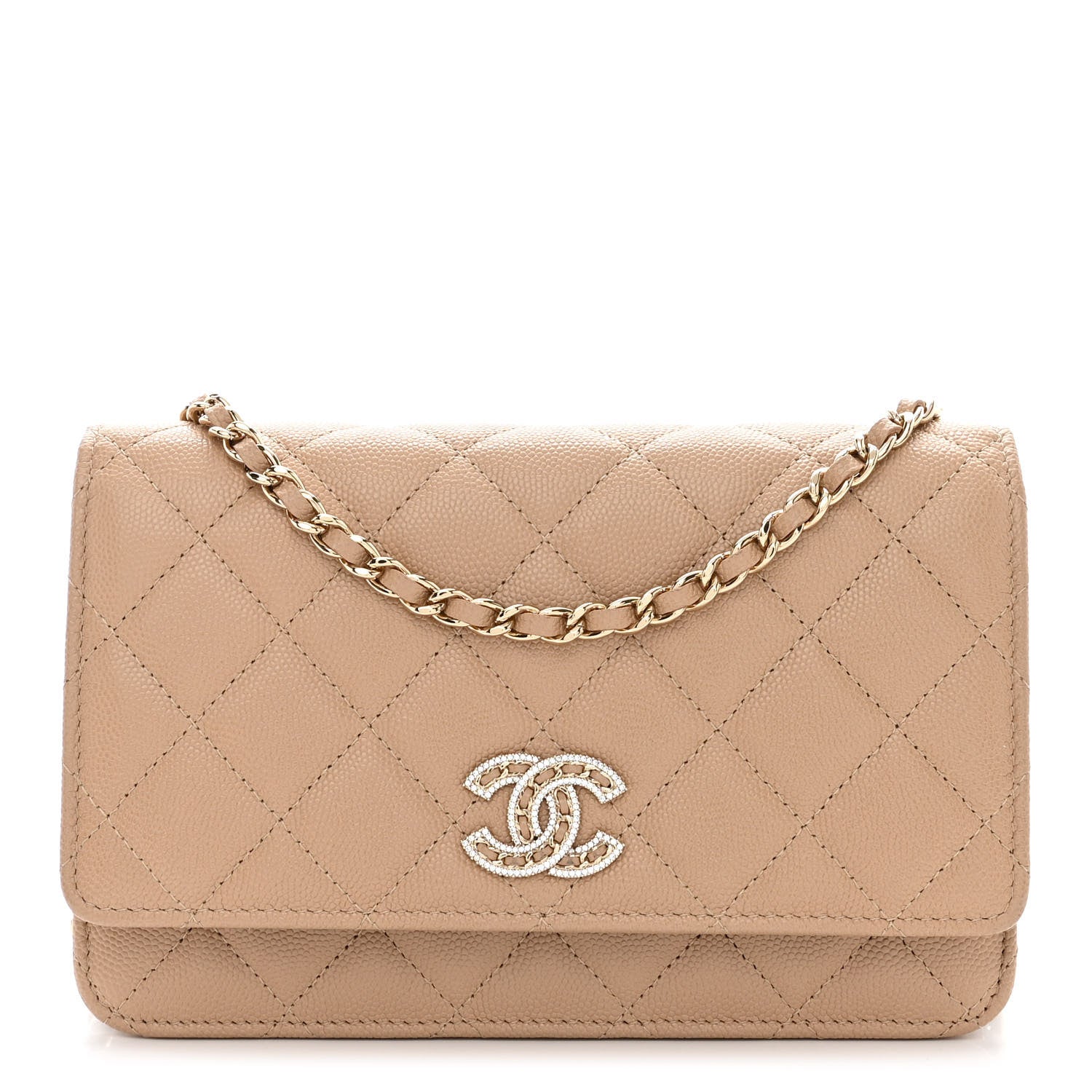 Chanel Caviar Quilted Crystal CC Wallet On Chain WOC Beige 1 of 13