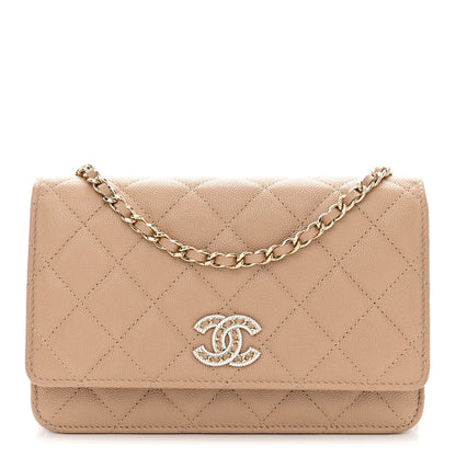 Chanel Caviar Quilted Crystal CC Wallet On Chain WOC Beige 1 of 13