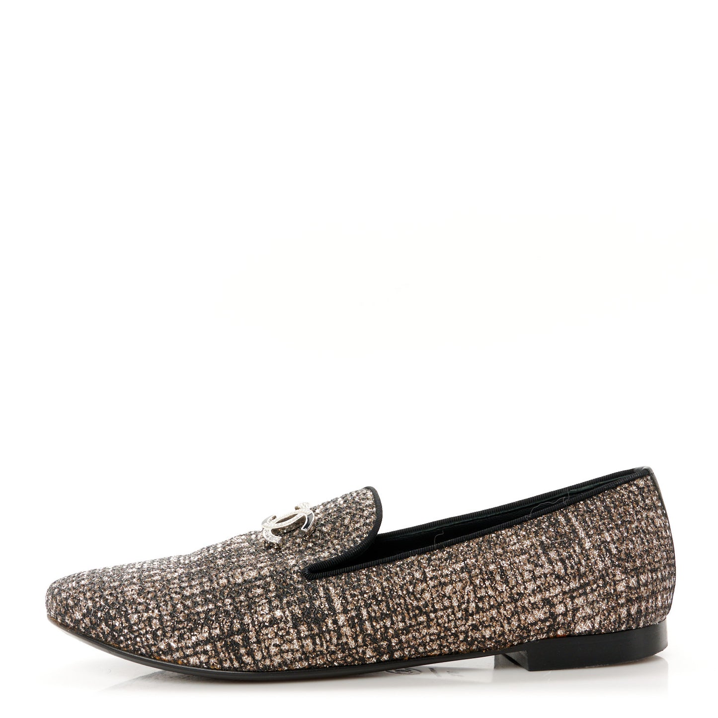 Fantasy Fabric Grosgrain CC Mocassin Loafers 37.5 Silver Black