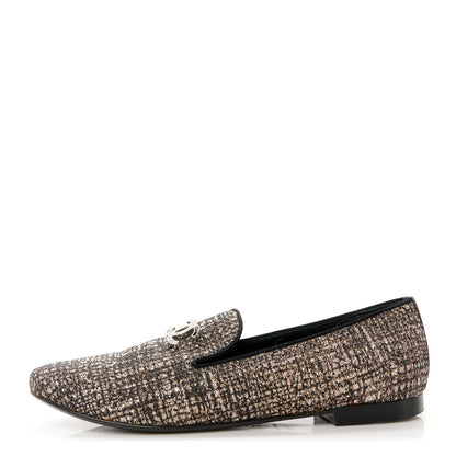 Chanel Fantasy Fabric Grosgrain CC Mocassin Loafers 37.5 Silver Black 1 of 10