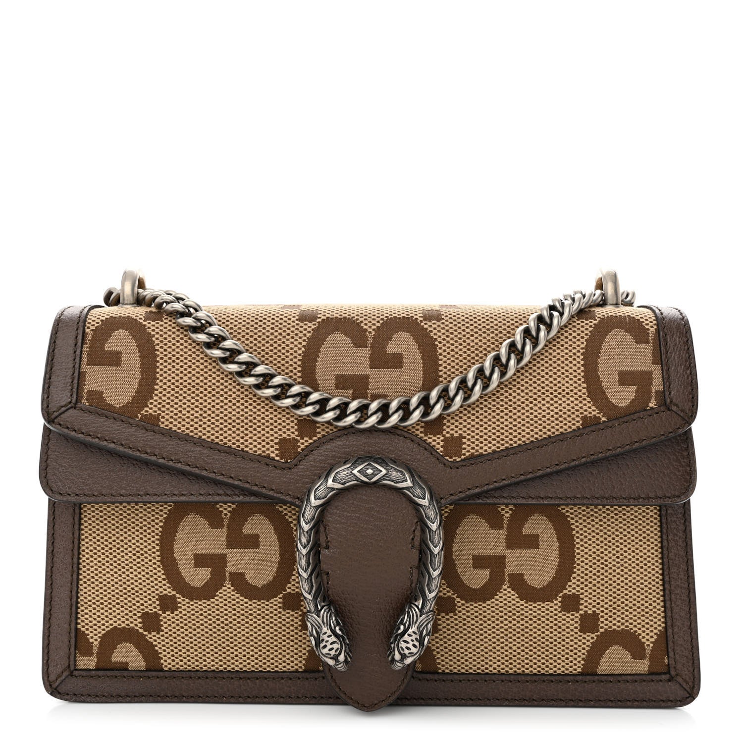 Gucci Monogram Jumbo GG Textured Dollar Calfskin Small Dionysus Shoulder Bag Camel Ebony New Acero 1 of 10