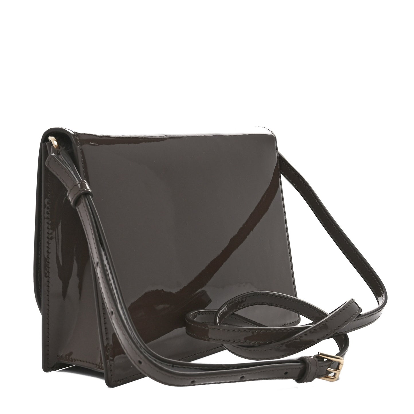 DOLCE GABBANA Patent DG Logo Flap Crossbody Bag Brown