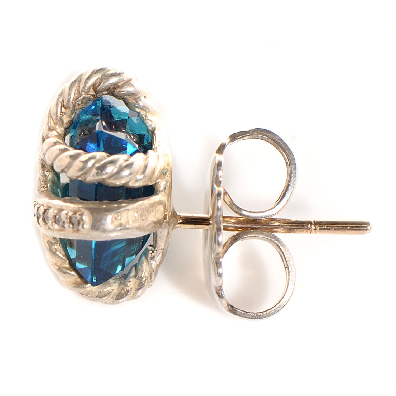 David Yurman Sterling Silver Diamond Blue Topaz 10mm Cable Wrap Earrings 3 of 5