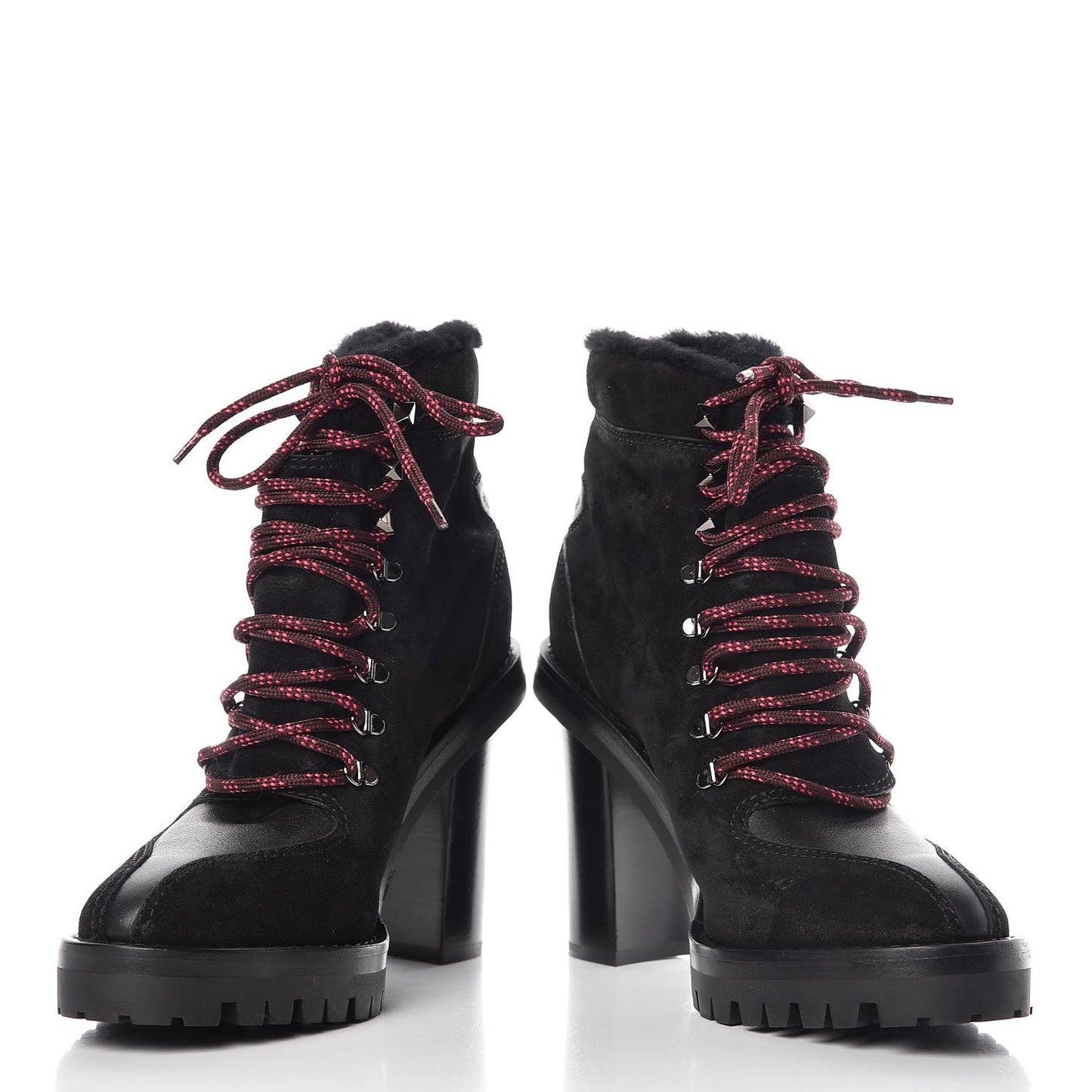 Suede Shearling Rockstud Lace-Up Ankle Boots 39.5 Black