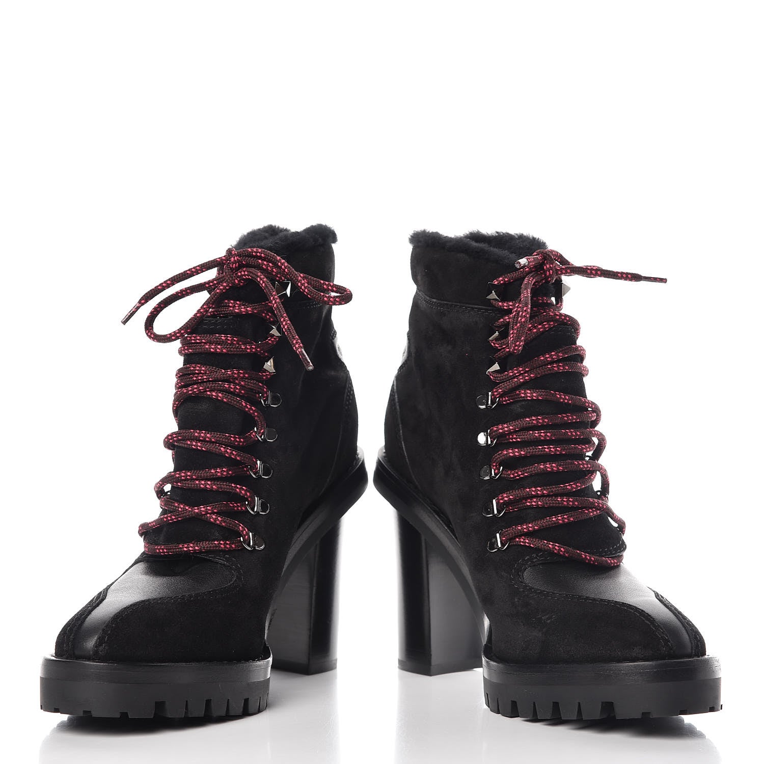 Valentino Garavani Suede Shearling Rockstud Lace-Up Ankle Boots 39.5 Black 5 of 17