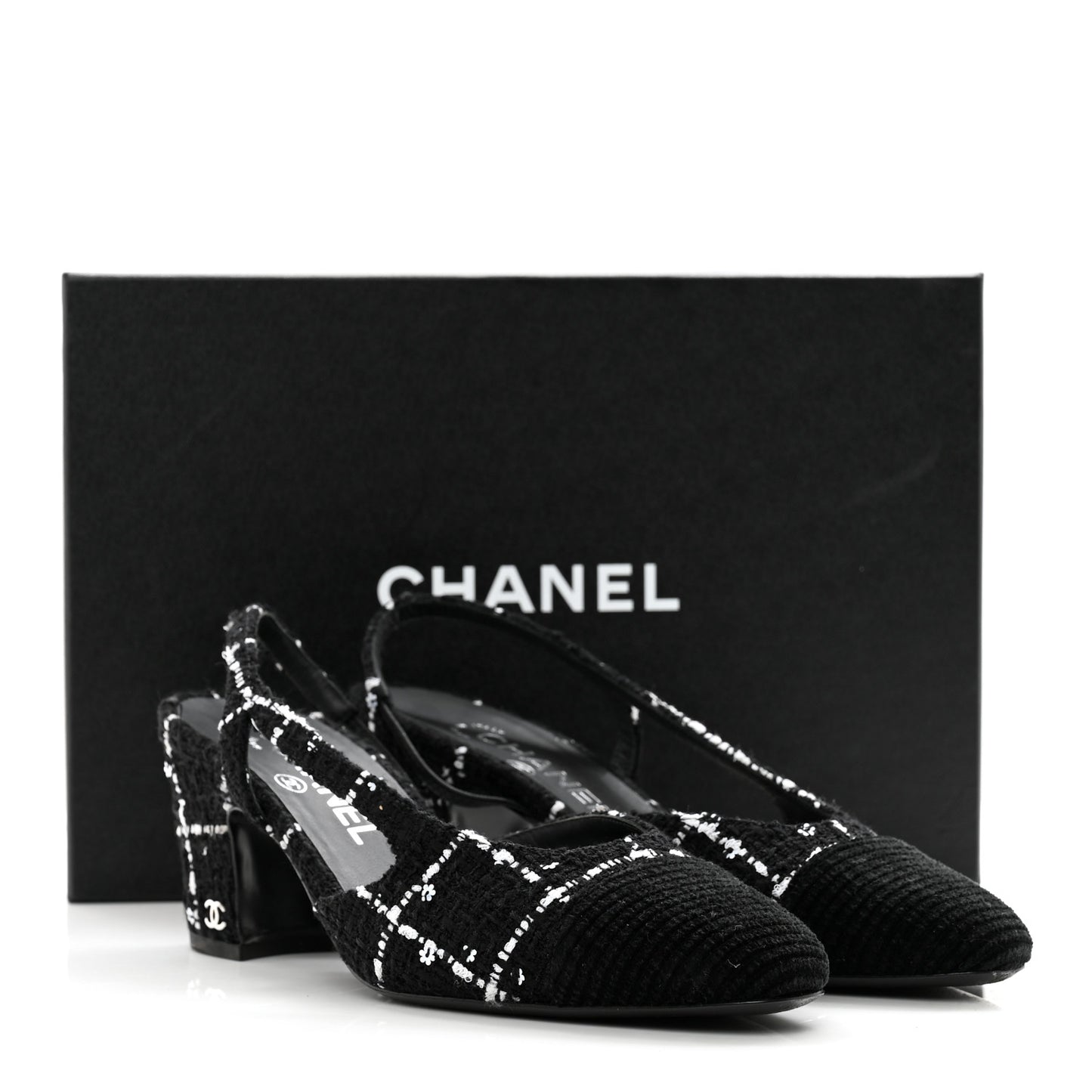 Tweed Sequins Corduroy Cap Toe CC Slingback Pumps 38 Black White