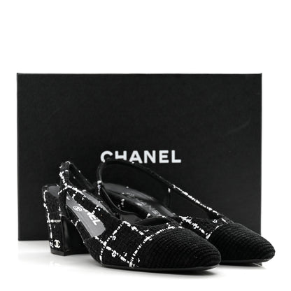 Chanel Tweed Sequins Corduroy Cap Toe CC Slingback Pumps 38 Black White 14 of 14
