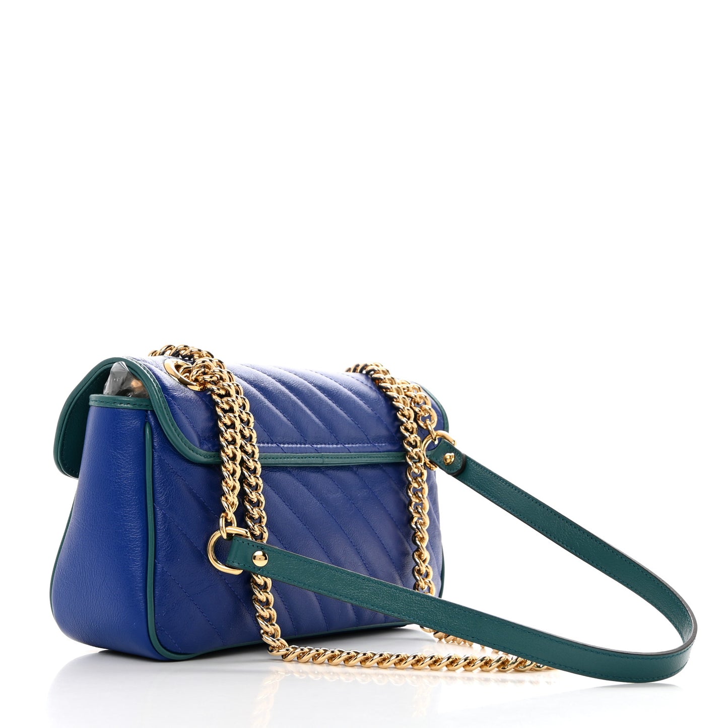 Azalea Calfskin Enamel Matelasse Diagonal Small Torchon GG Marmont Shoulder Bag Imperial Blue Pavone