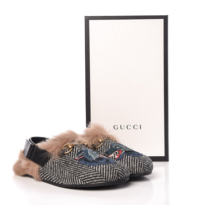 Gucci Herringbone Fur Wolf Mens Horsebit River Slingback Slippers 7 Black White 11 of 11