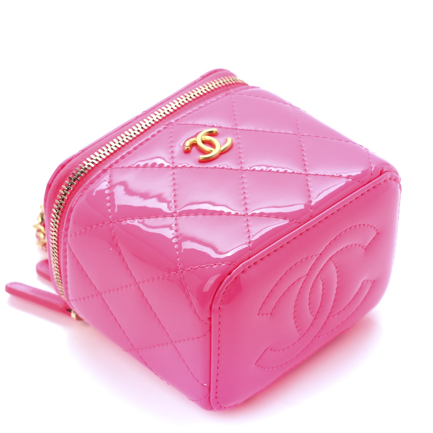 Chanel Patent Quilted Pearl Crush Mini Vanity Case With Chain Neon Pink 10 of 11