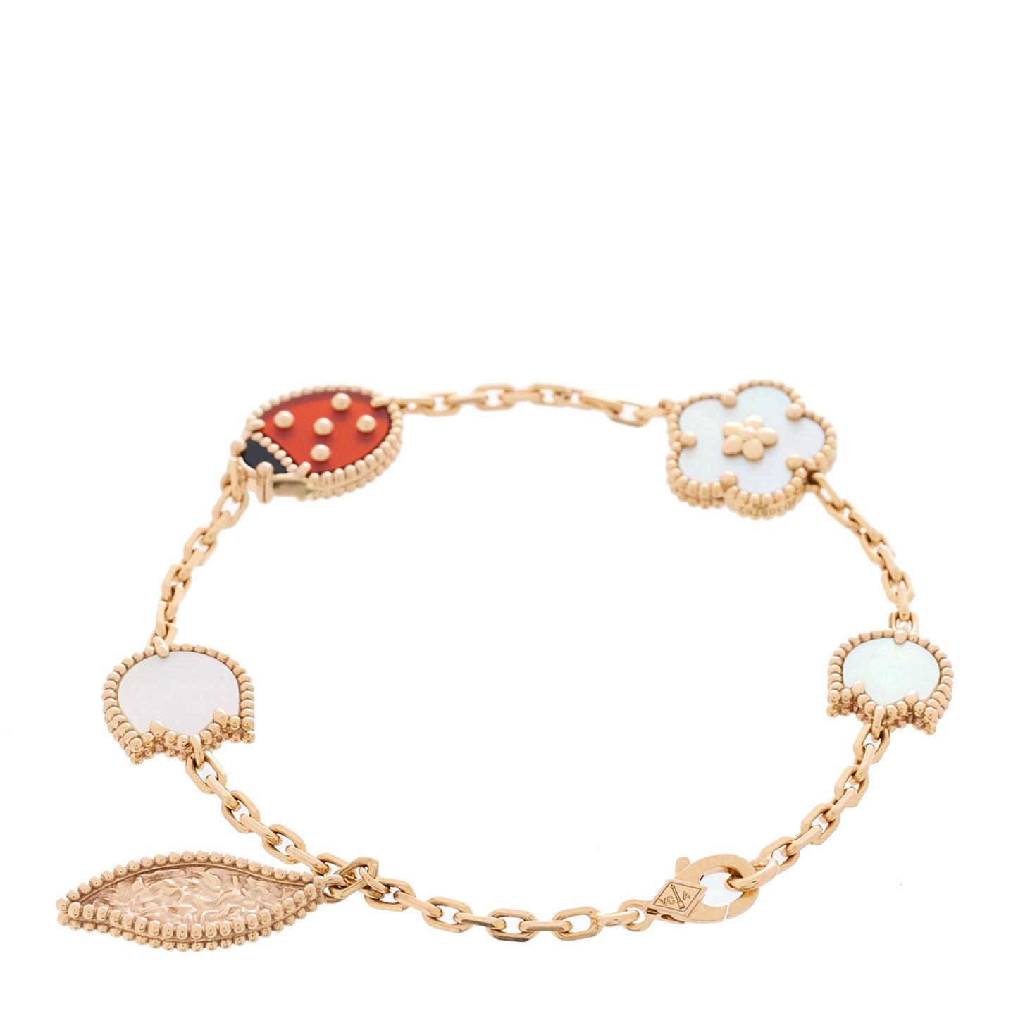 18K Rose Gold Carnelian Mother of Pearl Onyx 5 Motifs Lucky Spring Bracelet