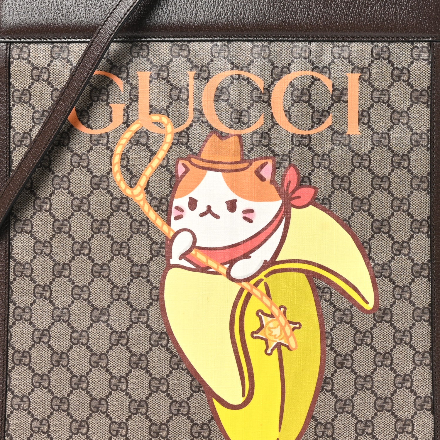 Gucci X BNF Supreme Monogram Textured Dollar Calfskin Bananya Print Top Slip Handle Tote Beige Ebony Multicolor New Acero 8 of 10