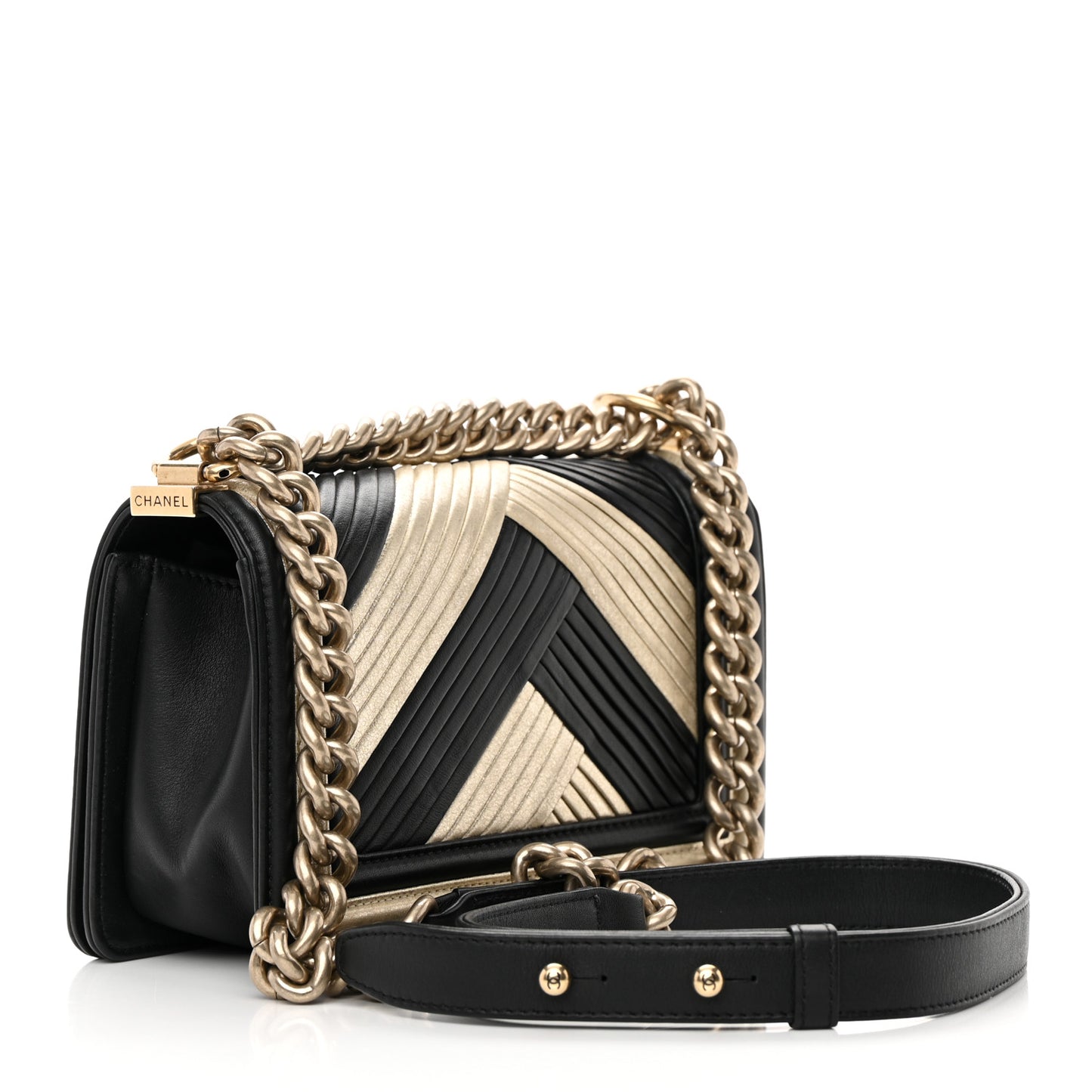 Metallic Calfskin Pleated Small Boy In Rome Flap Black Gold