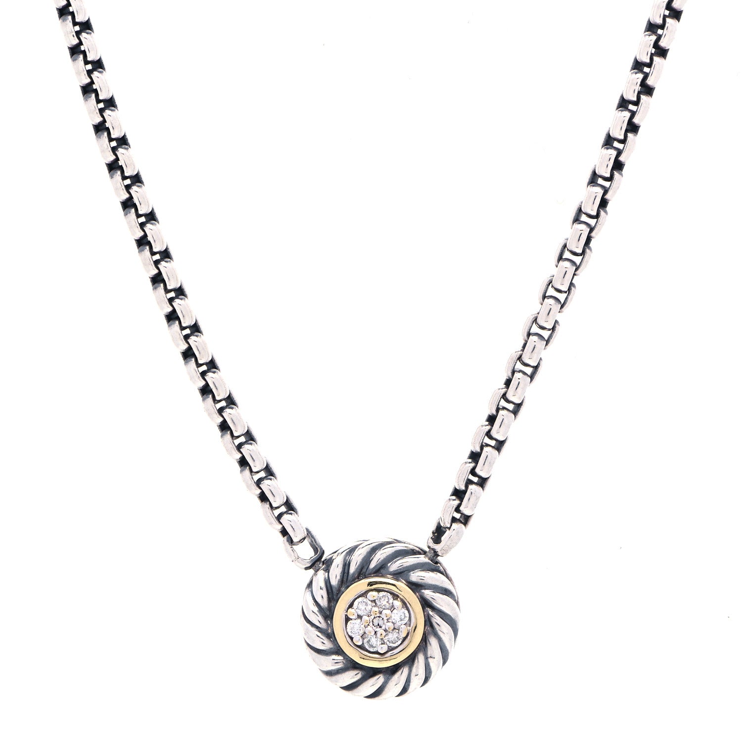 David Yurman Sterling Silver 14K Yellow Gold Pave Diamond 12mm Cookie Necklace 1 of 4