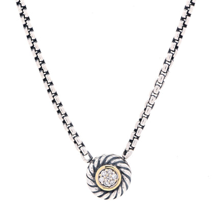 David Yurman Sterling Silver 14K Yellow Gold Pave Diamond 12mm Cookie Necklace 1 of 4