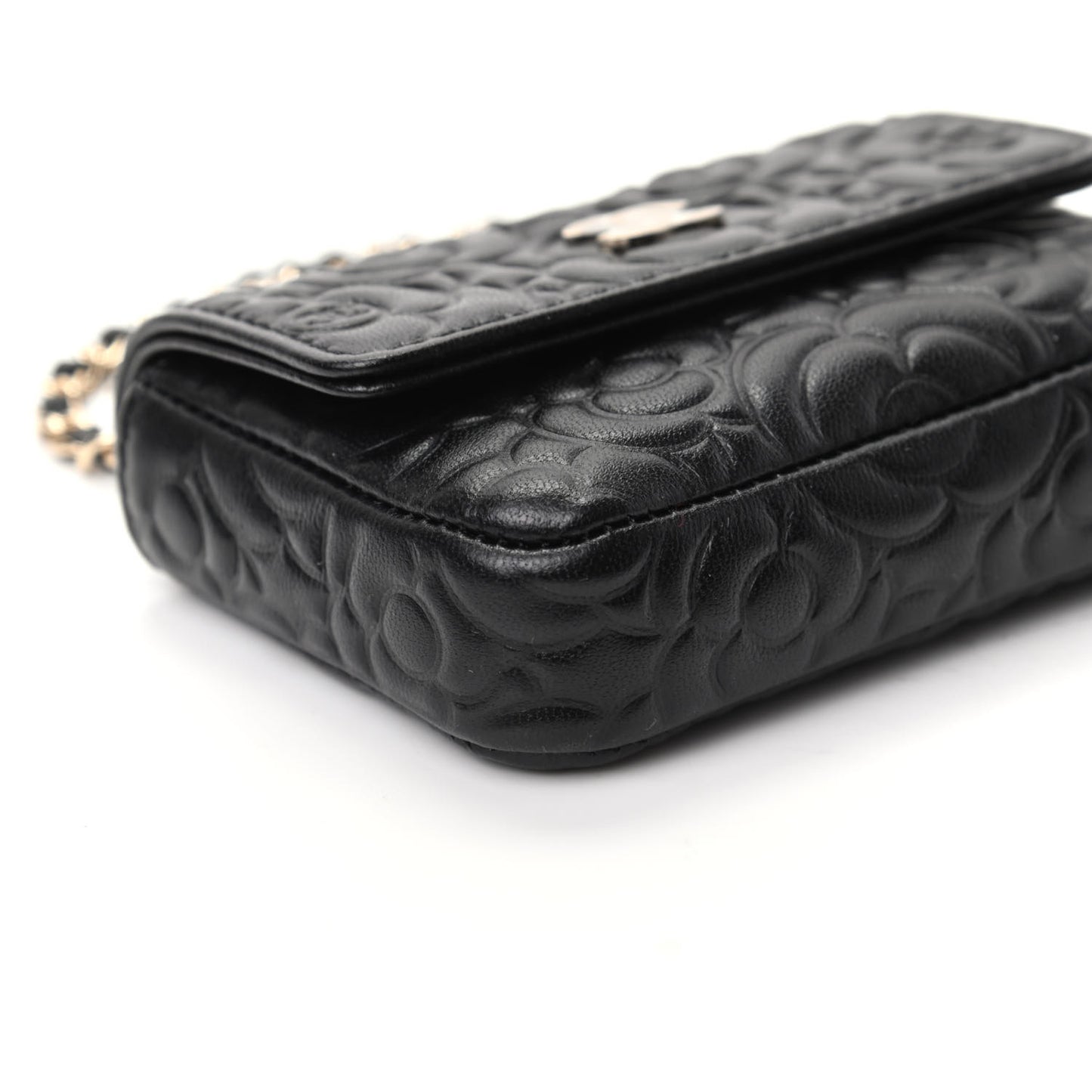 Lambskin Camellia Embossed Chain Belt Bag Black