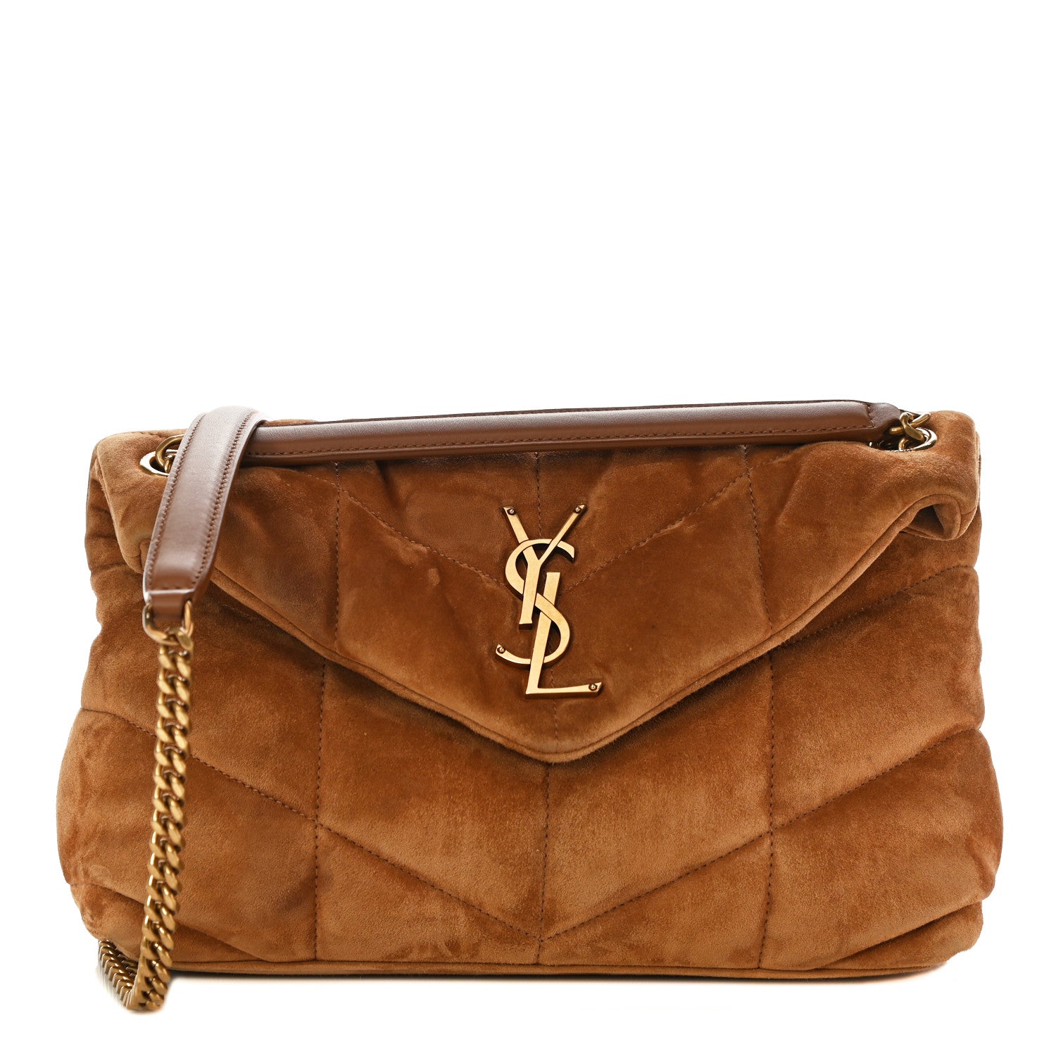 Saint Laurent Suede Calfskin Quilted Small Loulou Puffer Monogram Chain Satchel Cinnamon 1 of 13