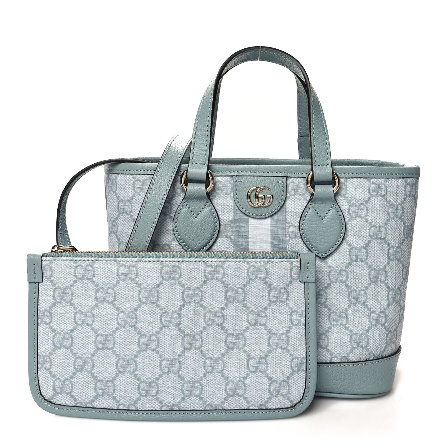 GG Supreme Monogram Textured Dollar Calfskin Mini Ophidia Shoulder Tote Bag Dusty Blue
