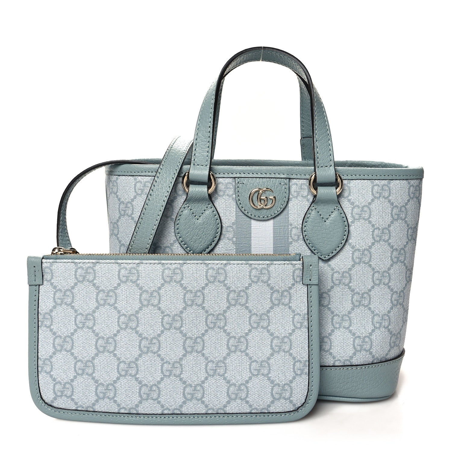 Gucci GG Supreme Monogram Textured Dollar Calfskin Mini Ophidia Shoulder Tote Bag Dusty Blue 3 of 12
