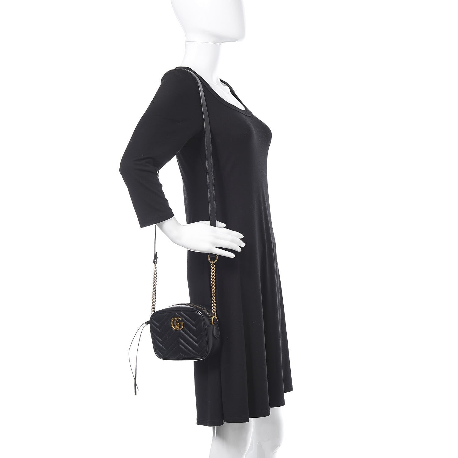 Gucci Calfskin Matelasse Mini GG Marmont Chain Shoulder Bag Black 2 of 17