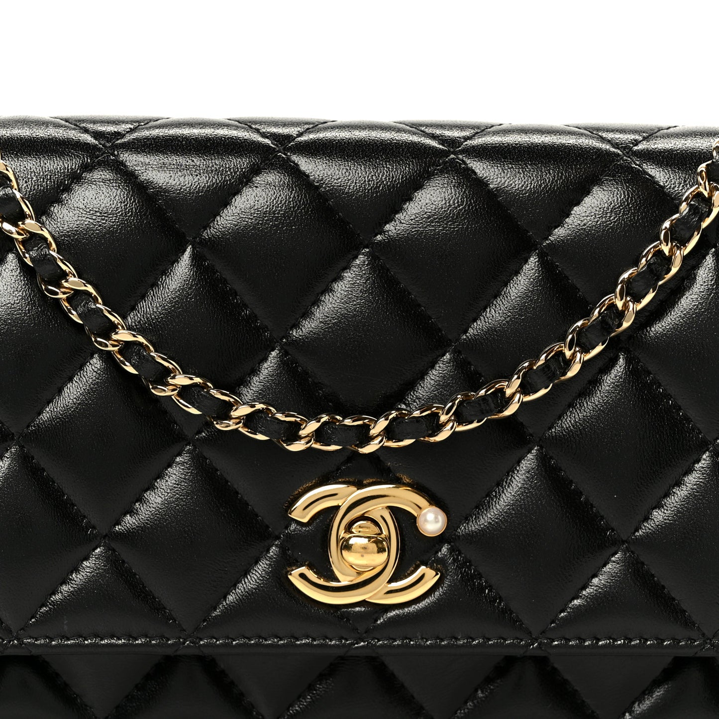 Shiny Lambskin Quilted CC Pearl Wallet on Chain WOC Black