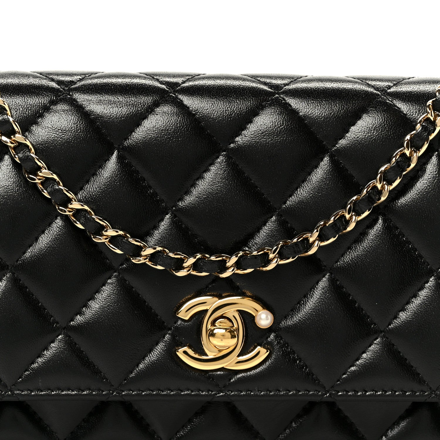 Chanel Shiny Lambskin Quilted CC Pearl Wallet on Chain WOC Black 10 of 13