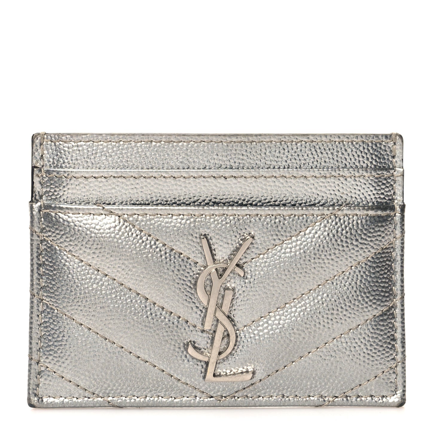 Metallic Grain De Poudre Matelasse Chevron Monogram Credit Card Case Argento