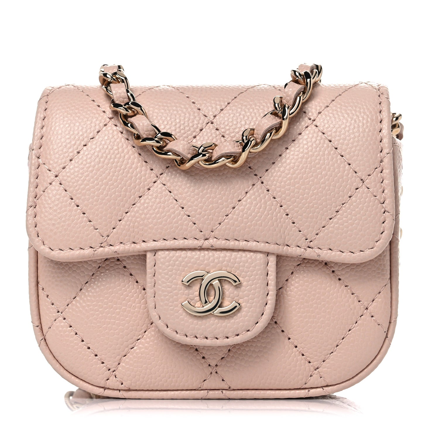 Caviar Quilted Mini Clutch With Chain Light Beige