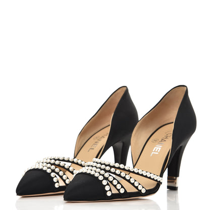 Chanel Satin Grosgrain Pearl Pumps 38 Black 3 of 8