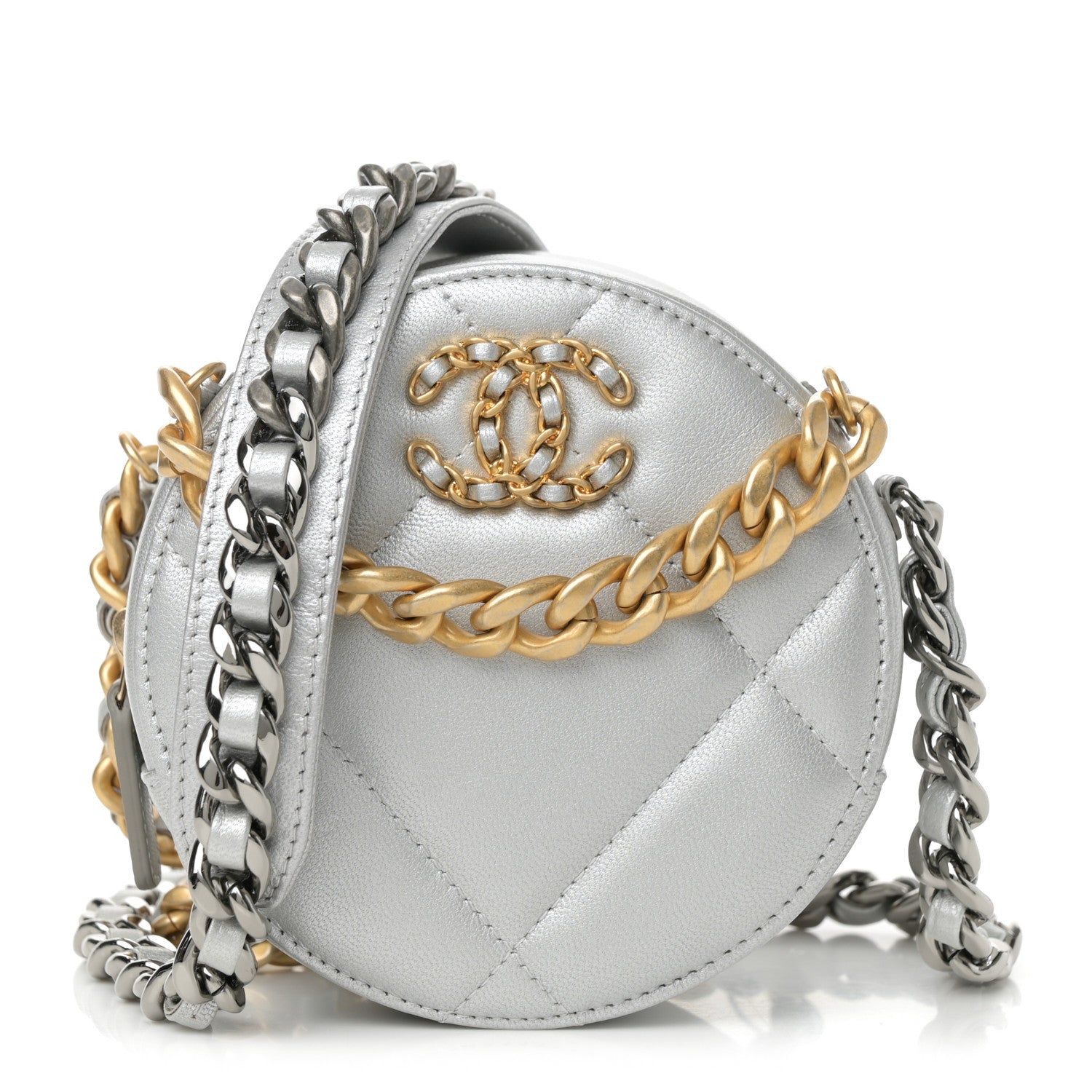 Chanel Metallic Lambskin Quilted Chanel 19 Round Clutch With Chain Silver Silver 1 of 13