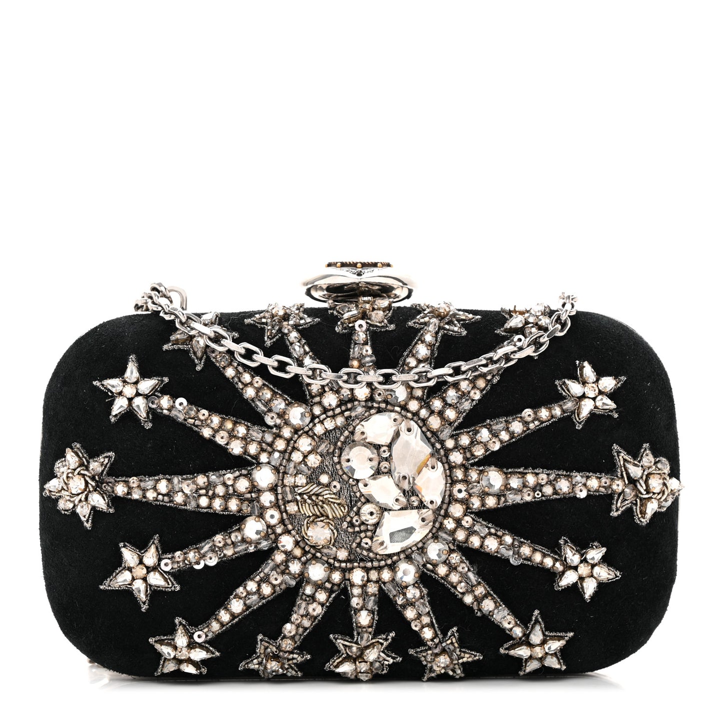 Suede Crystal Heart Chain Box Clutch Black