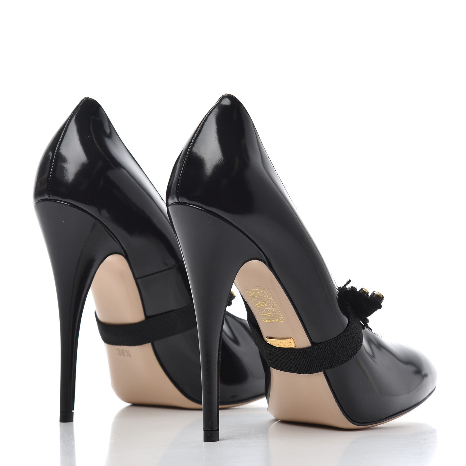 Gucci Polished Calfskin Removable Bee Elaisa Platform High Heel Pumps 38.5 Black 4 of 16