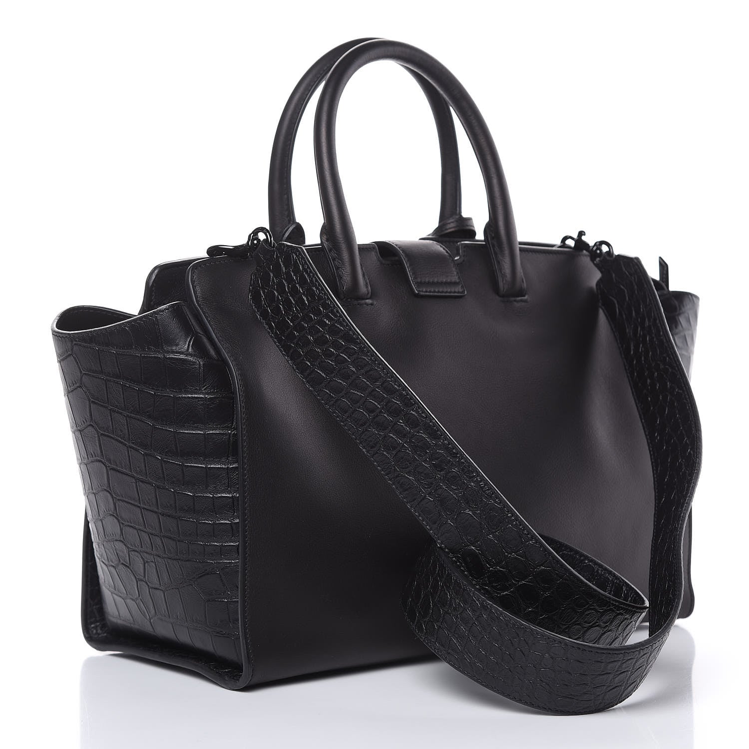 Saint Laurent Smooth Calfskin Crocodile Embossed Small Monogram Downtown Cabas Black 3 of 9