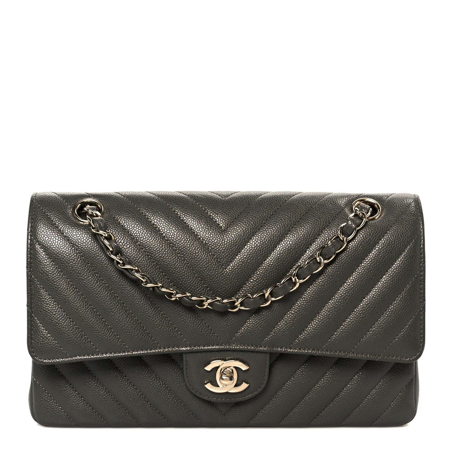 Caviar Chevron Quilted Medium Double Flap Dark Grey