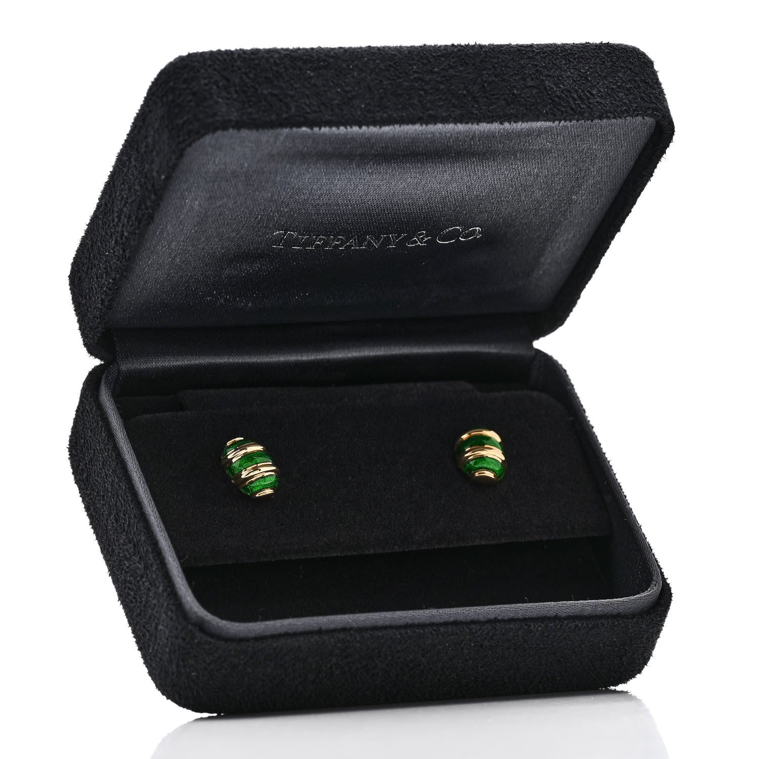 Tiffany 18K Yellow Gold Enamel Schlumberger Olive Stud Earrings Green 5 of 5