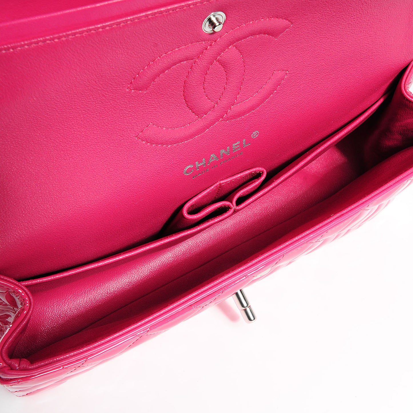 Patent Quilted Medium Double Flap Fuchsia