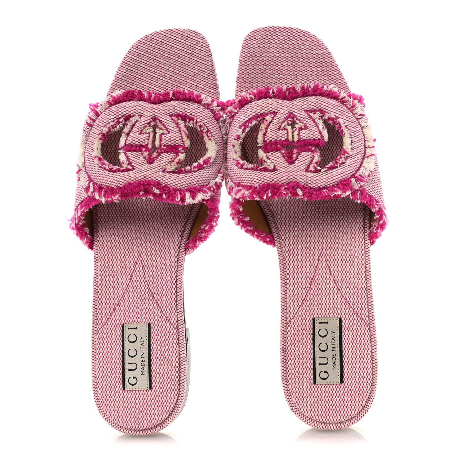 Gucci Fringed Canvas Interlocking G Cut Out Slide Sandals 41 Princess Fuxia Natural 2 of 10