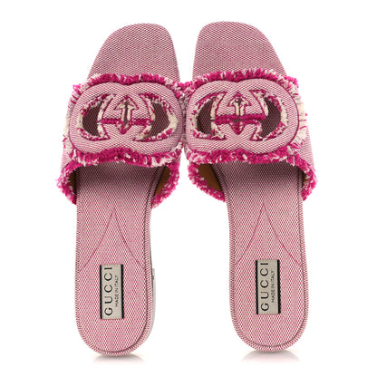 Gucci Fringed Canvas Interlocking G Cut Out Slide Sandals 41 Princess Fuxia Natural 2 of 10
