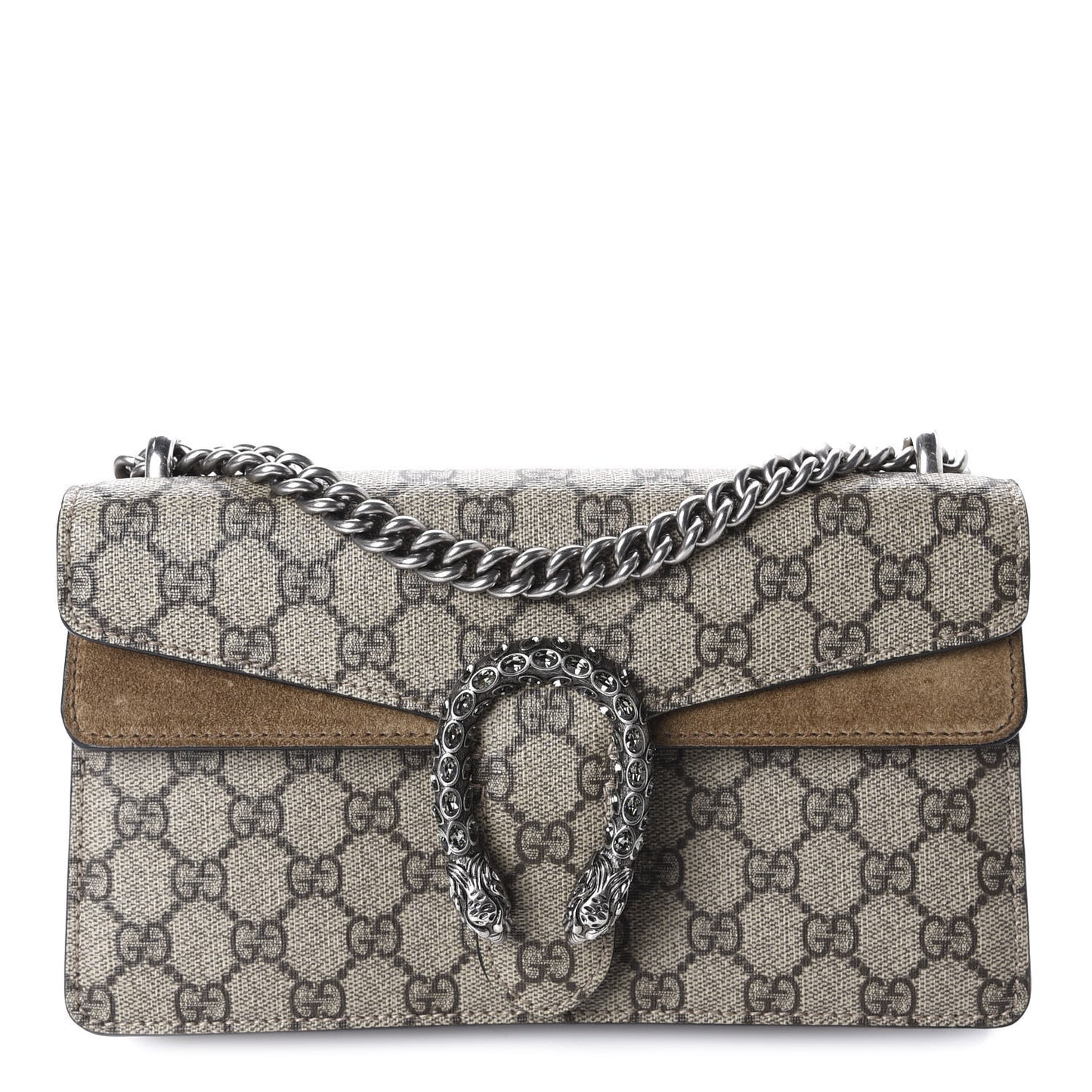 GG Supreme Monogram Suede Crystal Small Dionysus Shoulder Bag Beige Ebony Taupe