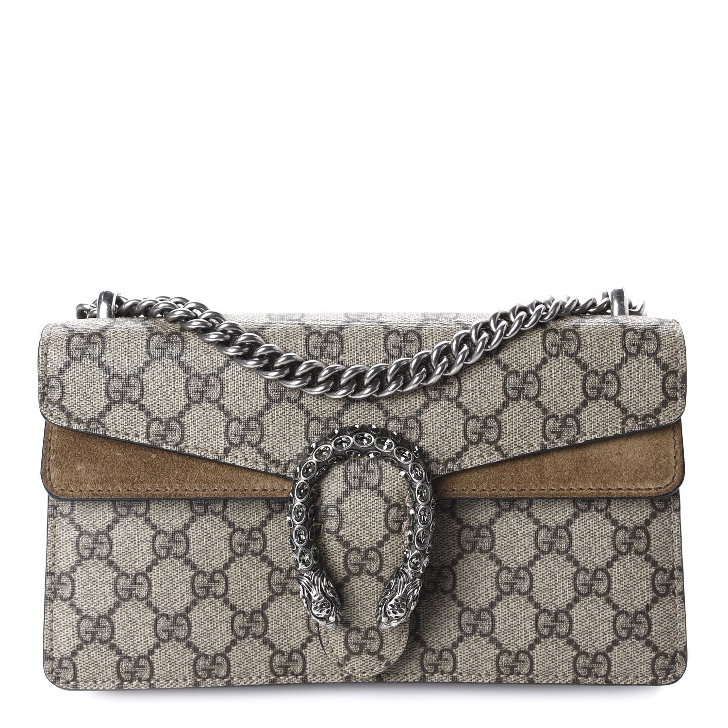 Gucci GG Supreme Monogram Suede Crystal Small Dionysus Shoulder Bag Beige Ebony Taupe 1 of 10