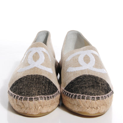 Chanel Toile Sequin CC Espadrilles Beige 39 Black Beige 2 of 7