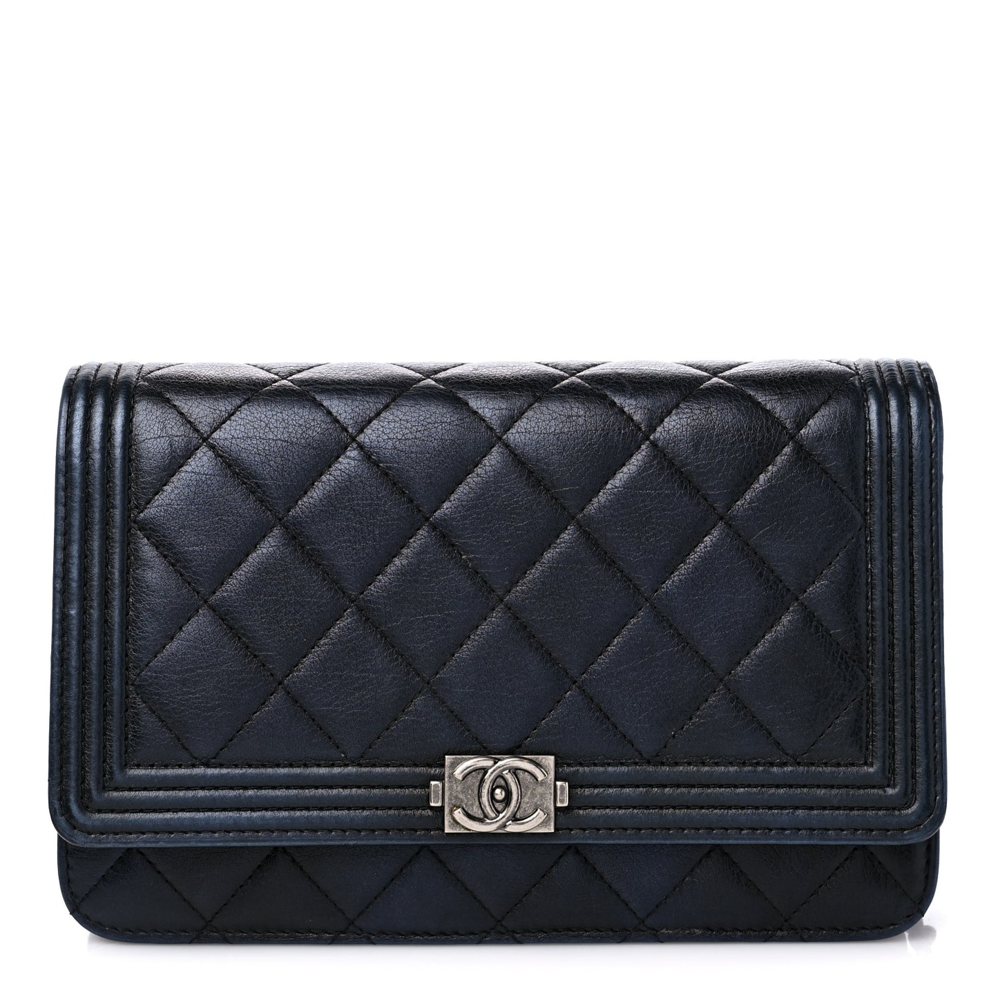 Metallic Calfskin Quilted Boy Wallet On Chain WOC Navy Blue