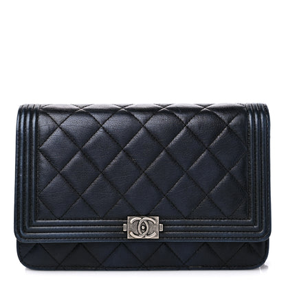 Chanel Metallic Calfskin Quilted Boy Wallet On Chain WOC Navy Blue 1 of 11